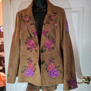 VENUS Brown Suede Floral Embroidered Blazer Jacket